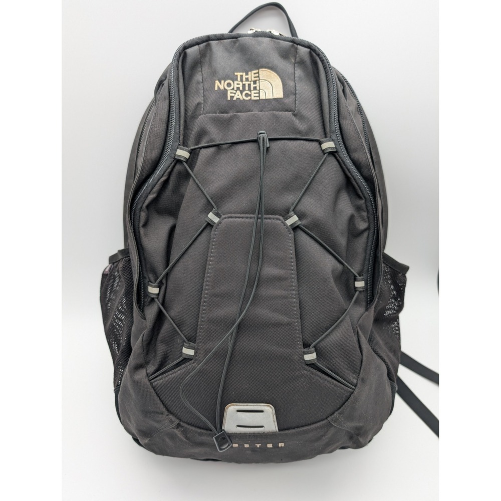 The North Face Jester Backpack Black Gold Logo Bungee Daypack
